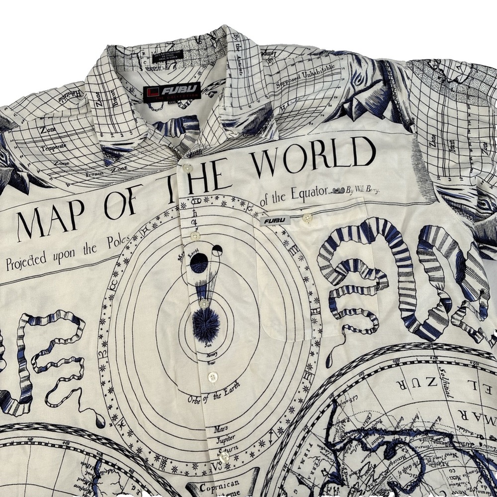 Vintage FUBU Map Of The World Button Up Camp Shirt Size XXXL 100% Rayon AOP